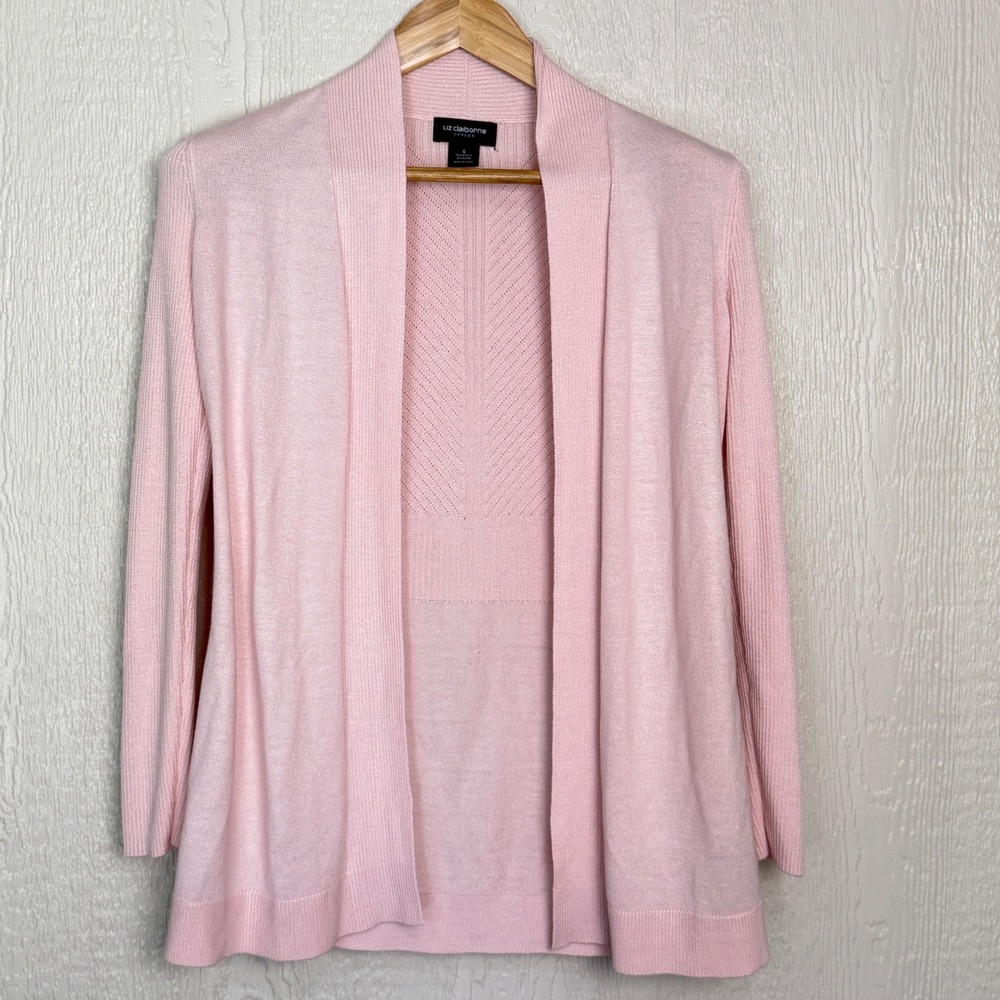 Liz Claiborne Career Pink Open Front Cardigan Sweater Chevron Knit Small